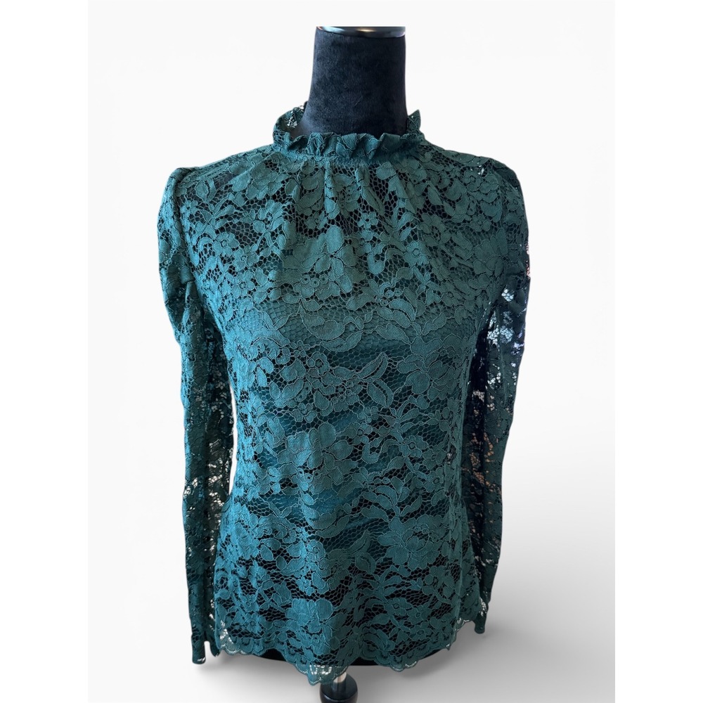 ADIVA Lace Mock Neck Puff Sleeve Blouse Top Green Women's Size S